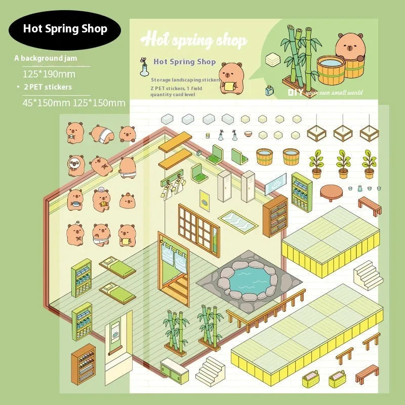 Capabala cartoon landscape 3D sticker sheet showing pre-cut self-adhesive shop scenes.