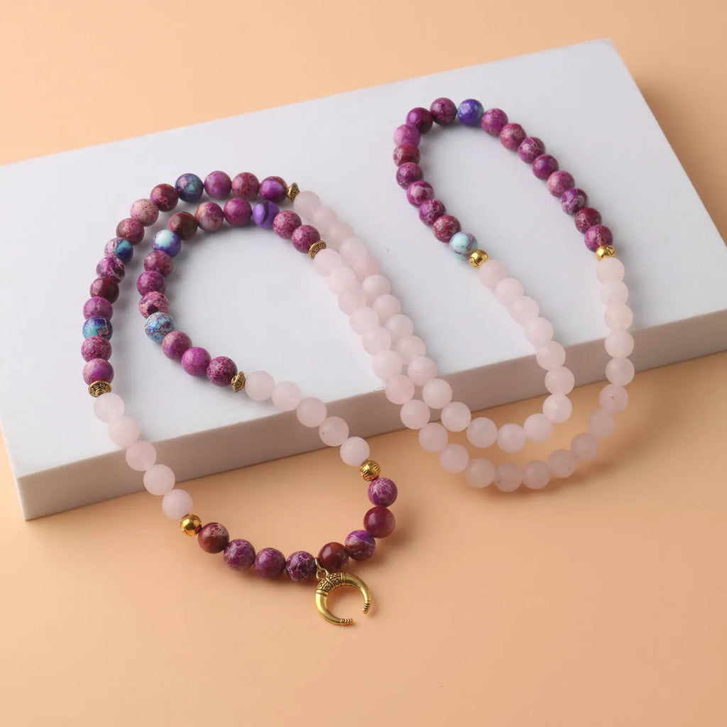Pink Emperor Stone crystal necklace with round bead pendant on model