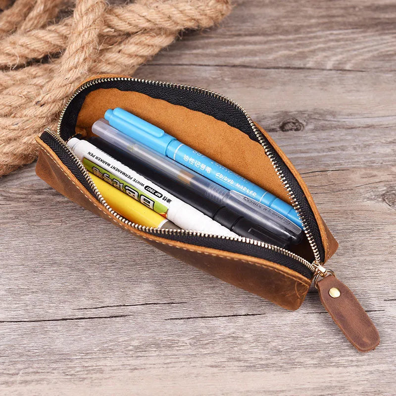 Handmade cowhide leather pencil and glasses case with zipper closure in square design