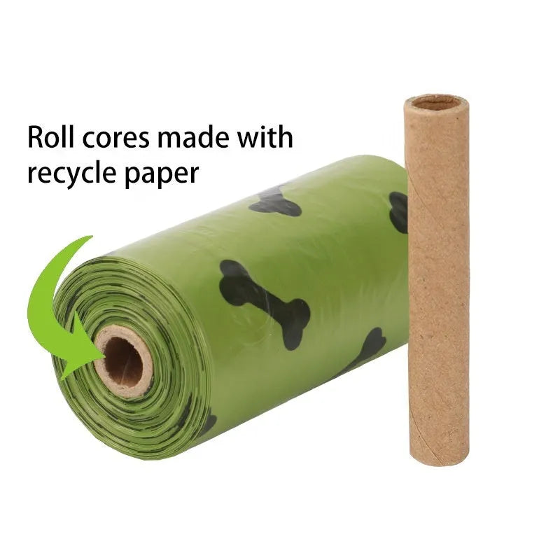 Army green degradable dog poop bags with black bone print design showing roll configuration