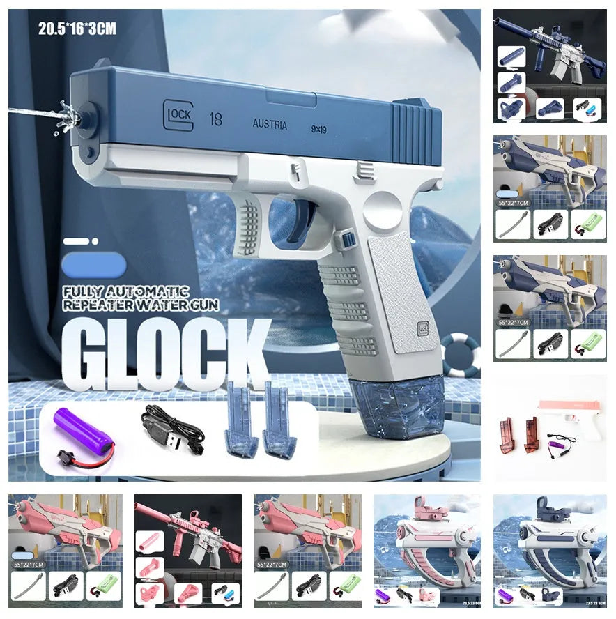 Blue and pink Space Water Gun electric toy with USB charging cable on a blue background.