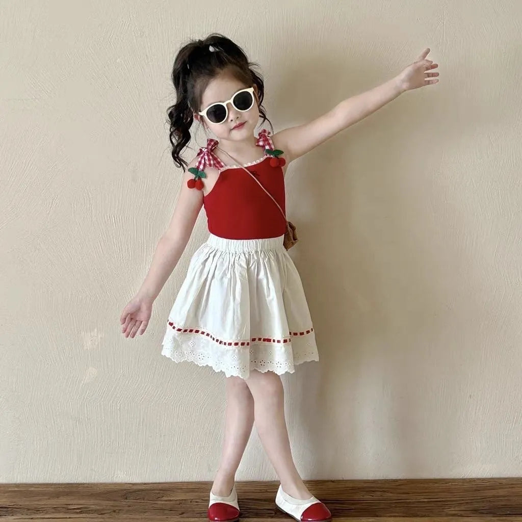 Girls cotton lace two-piece skirt suit in red with sleeveless top and matching skirt for summer
