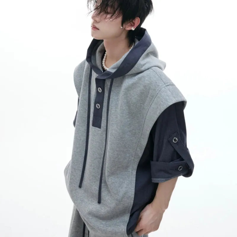 Men's black polyester sports suit with hooded jacket featuring three-dimensional stitching and matching trousers