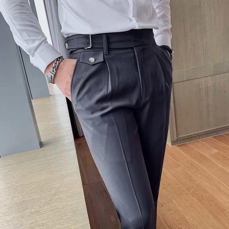 Men's straight-leg casual trousers in solid colours showing straight silhouette and polyester fabric texture