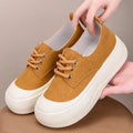 Women's camel suede platform loafers with round toe, flat 4cm heel, and front lace-up.