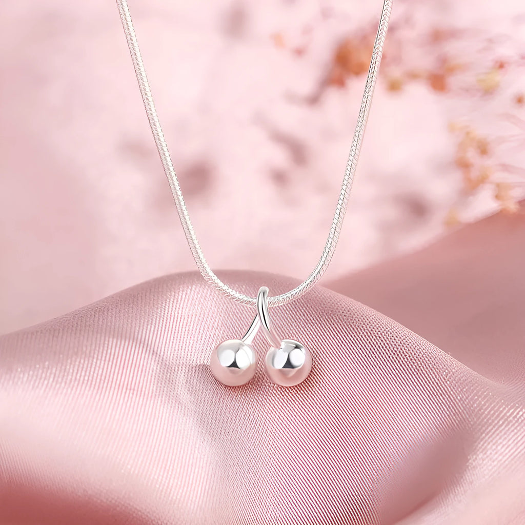 Silver cherry necklace with 925 silver pendant on adjustable snake bones chain