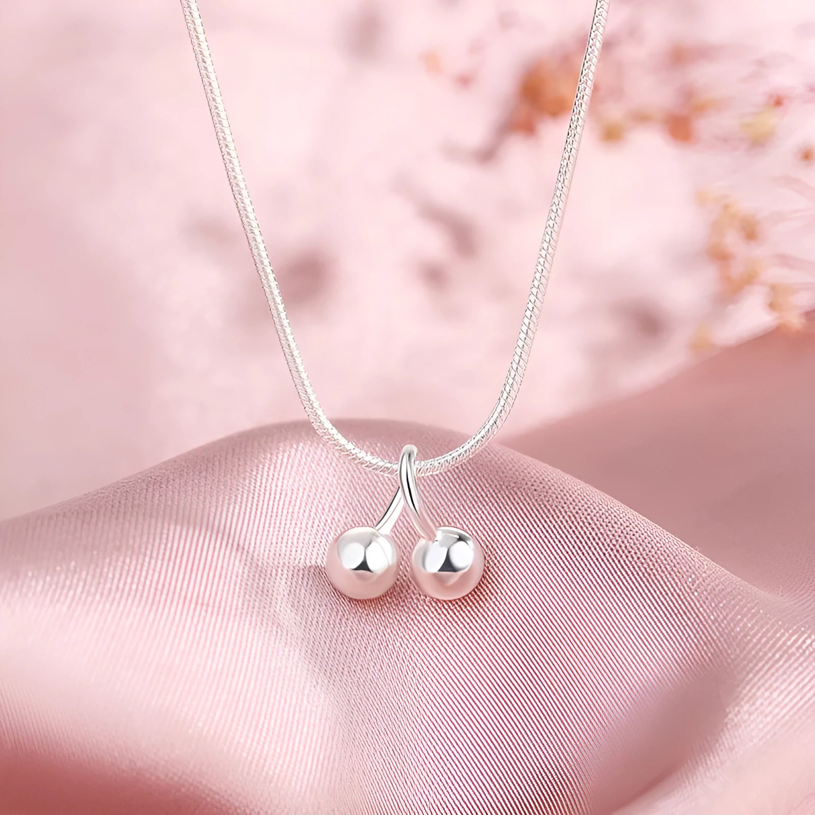 Silver cherry necklace with 925 silver pendant on adjustable snake bones chain