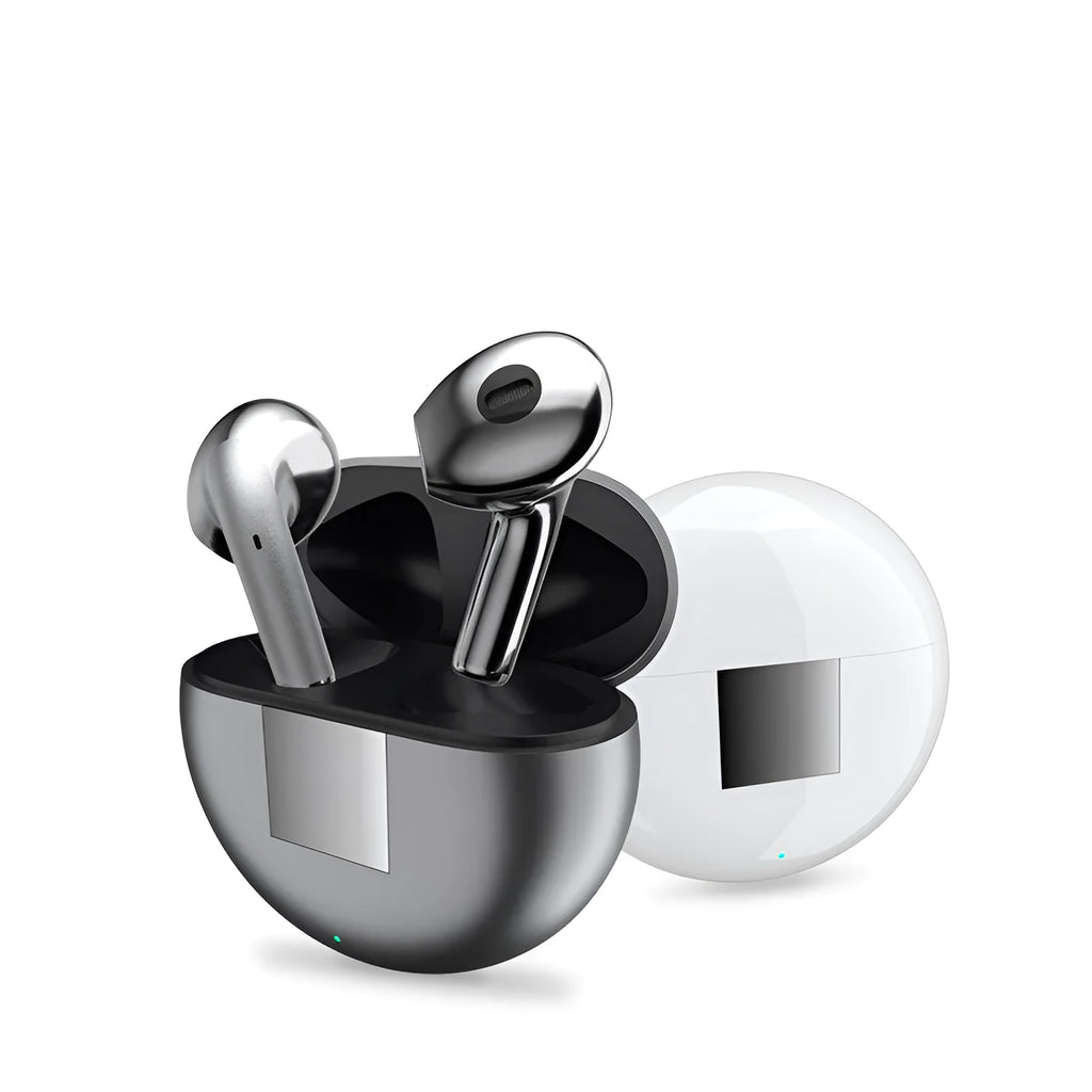 White Wireless Budz5 semi-in-ear Bluetooth headphones with a compact charging case on a solid background.