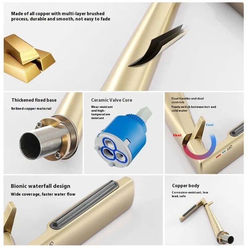 Copper bathroom washbasin mixing faucet, hot and cold, 912g, available in Brushed Gold, Chrome, Grab Gray and White