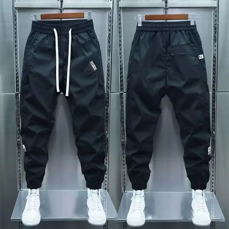 Men's ice silk leisure summer thin overalls, cropped ankle banded pants, black or gray, M-XXXL