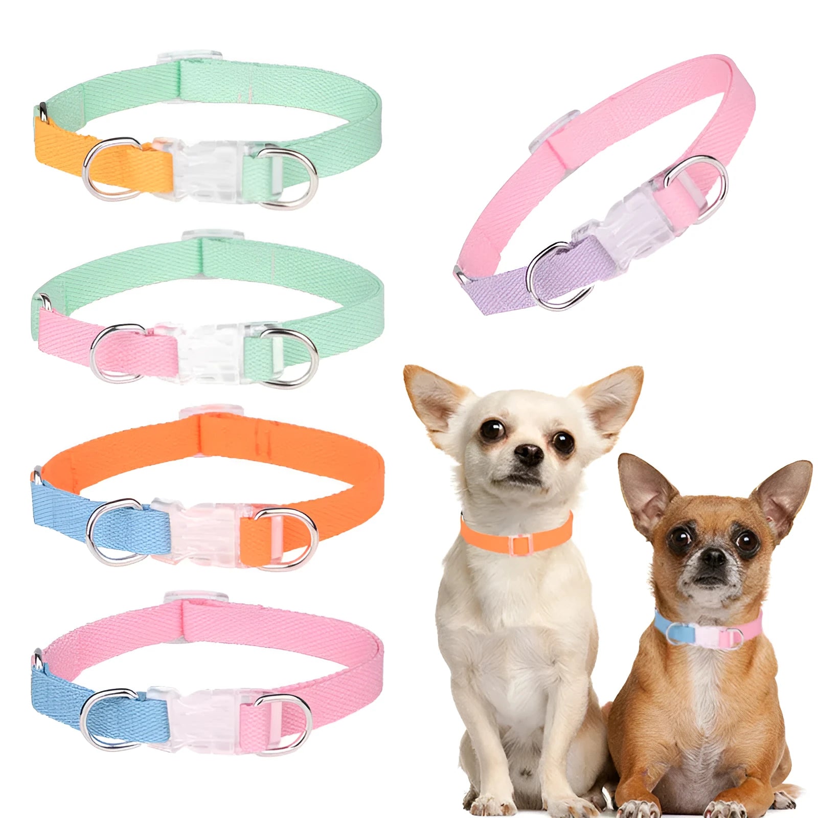 Polyester dog collar, lead and chest strap set in multiple colour combinations with adjustable sizing.