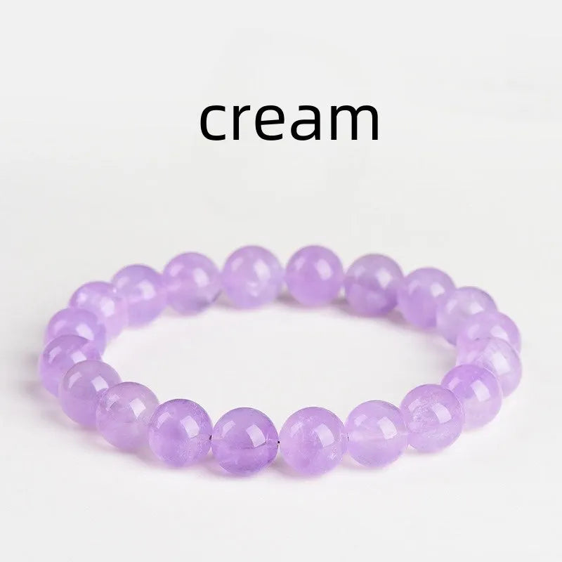 Lavender round bead amethyst bracelet with water ripple design, shown in cream and transparent colour options.