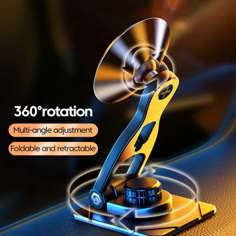 Telescopic folding car phone holder with magnetic suction base mounted on vehicle instrument panel