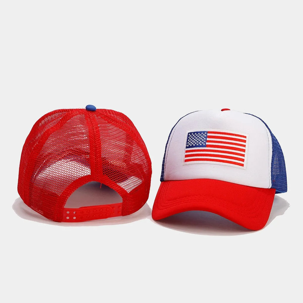 Red and blue mesh cotton baseball cap with dome crown and adjustable size