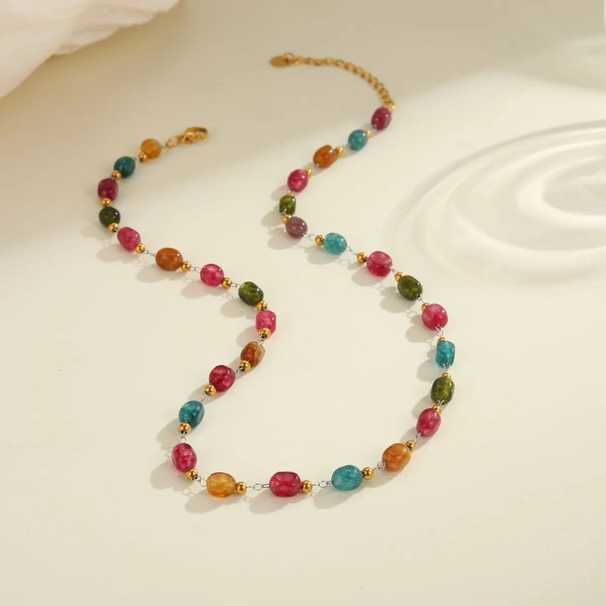 Natural stone beaded necklace for women with geometric pendant, 18K electroplated stainless steel chain, 41-50cm
