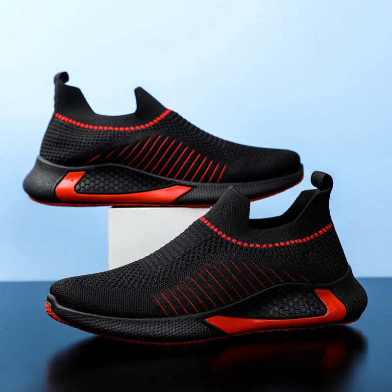 Men's mesh sneakers with striped design, flyknit upper, and plastic sole in various colour options