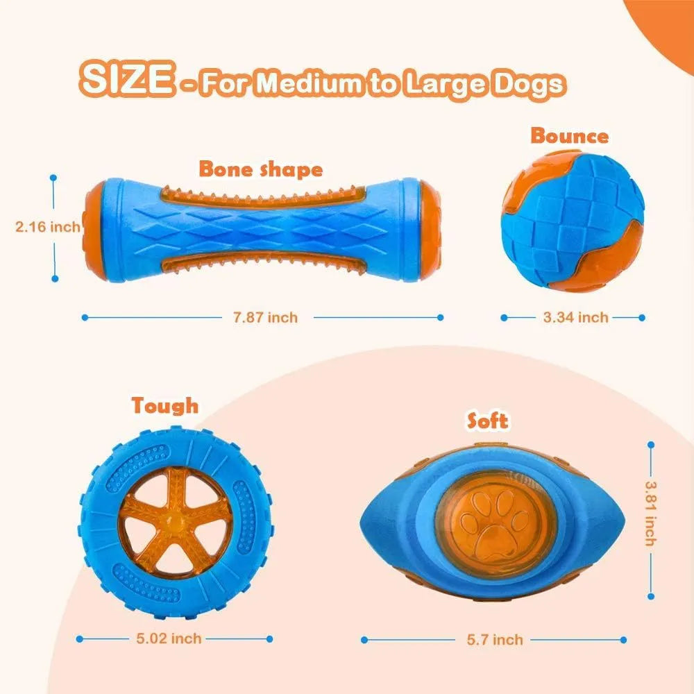 TPR squeaky dog toy set with ball, tires, and barbell floating in water