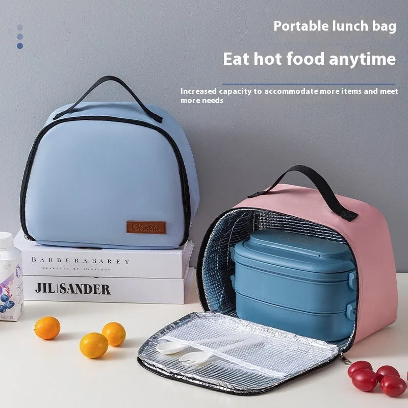 Insulated lunch box bag in textured cloth fabric with large capacity for bento meals