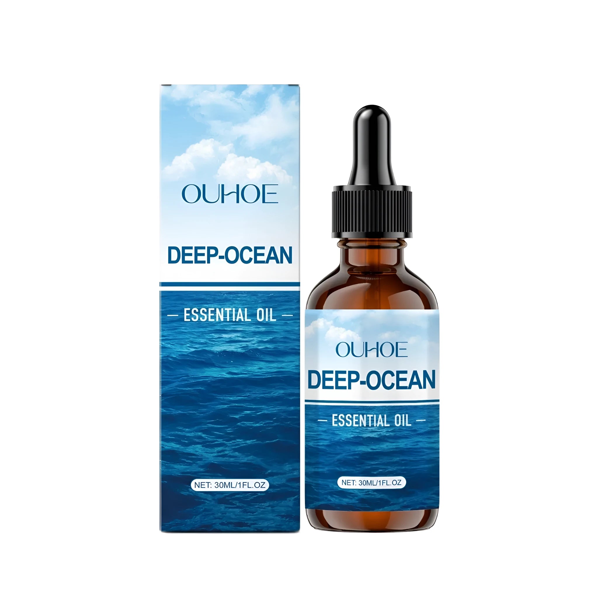 30ml glass bottle of Deep-Ocean Essential Oil with a dropper on a light background.