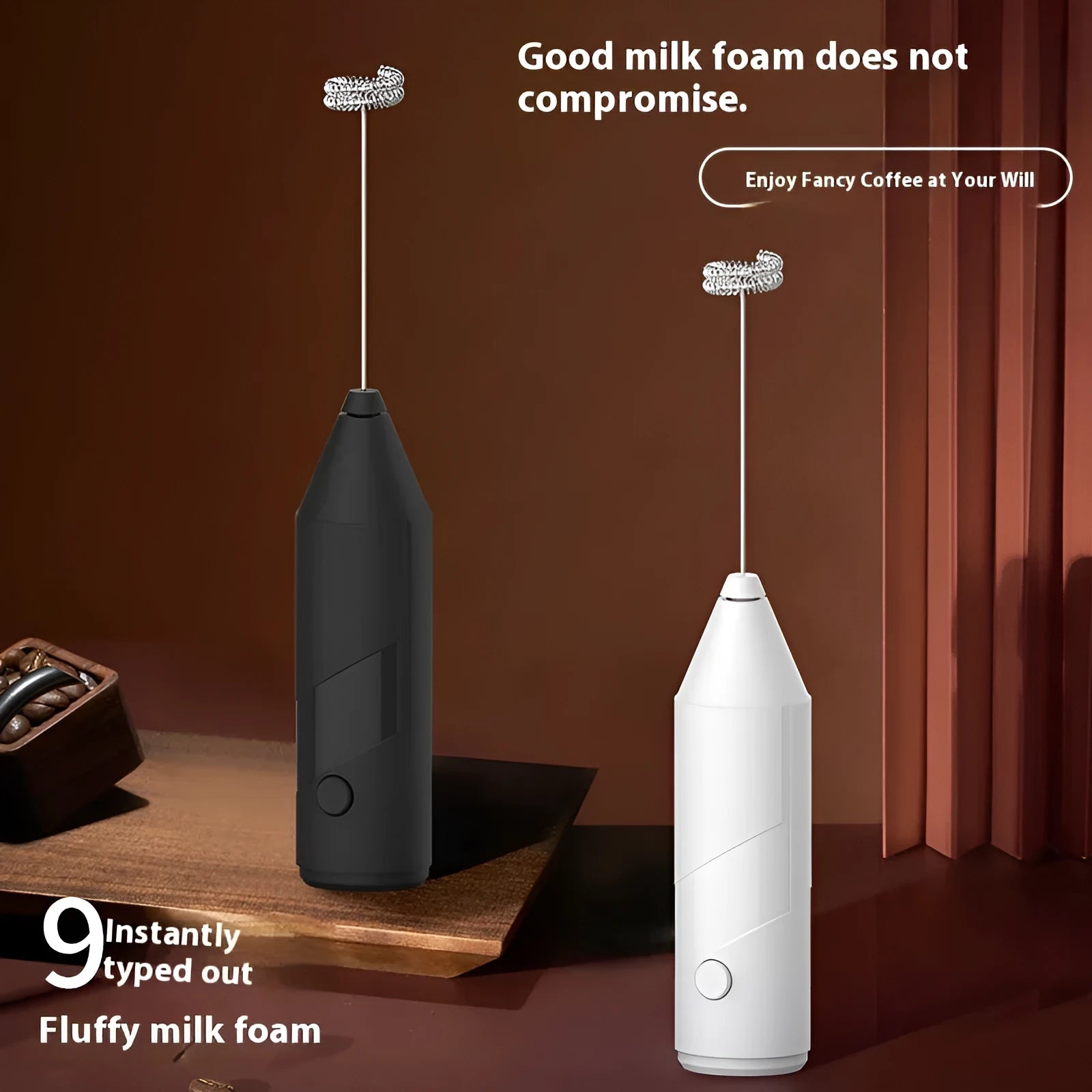 Mini handheld electric milk frother in black, white or khaki colour with USB charging port