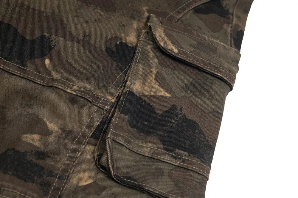Men's camouflage denim trousers, mid waist, straight leg, cotton main fabric, sizes S to XL