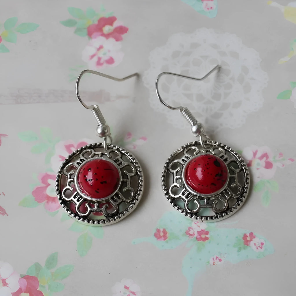 Handmade geometric flower disk earrings with Miao silver and turquoise ethnic design