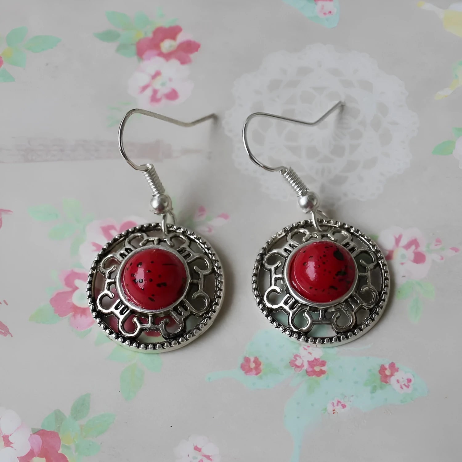 Handmade geometric flower disk earrings with Miao silver and turquoise ethnic design