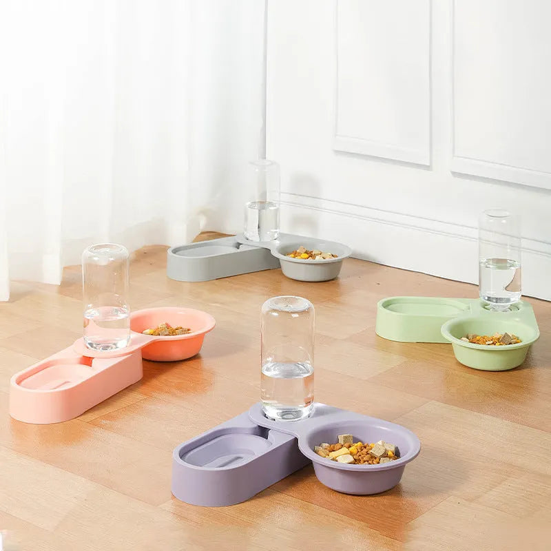 Complete automatic cat bowl feeder and drinking fountain set with water dispenser in pink, purple, green, or grey.