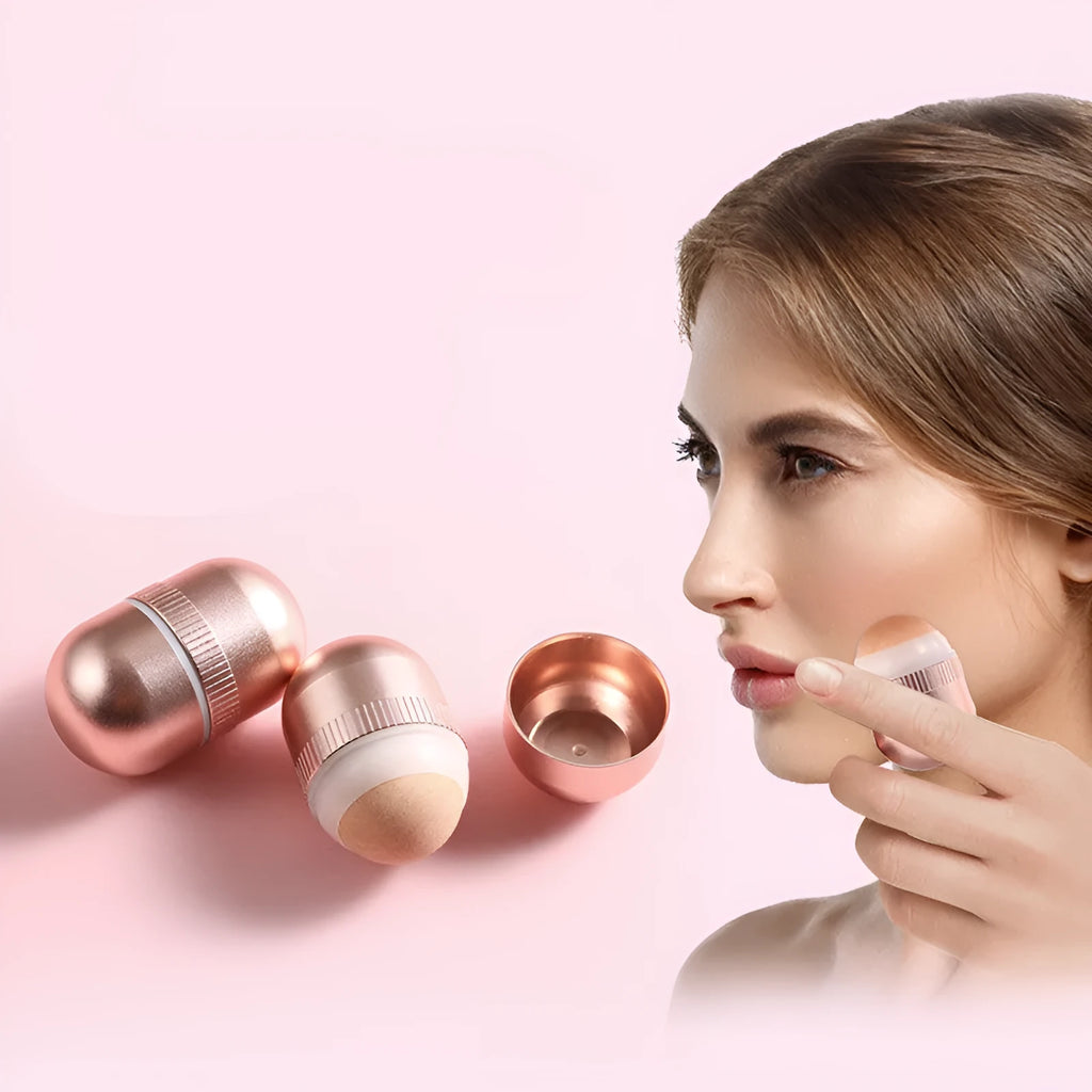 Volcanic stone oil absorbing roller with aluminium alloy and plastic handle for facial oil control, shown in black, pink, or red.