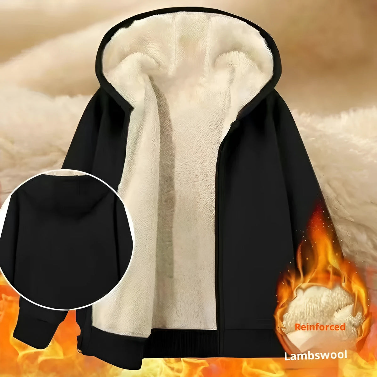 Men's black Berber fleece jacket with wool lining, loose fit, long sleeve, no padding.