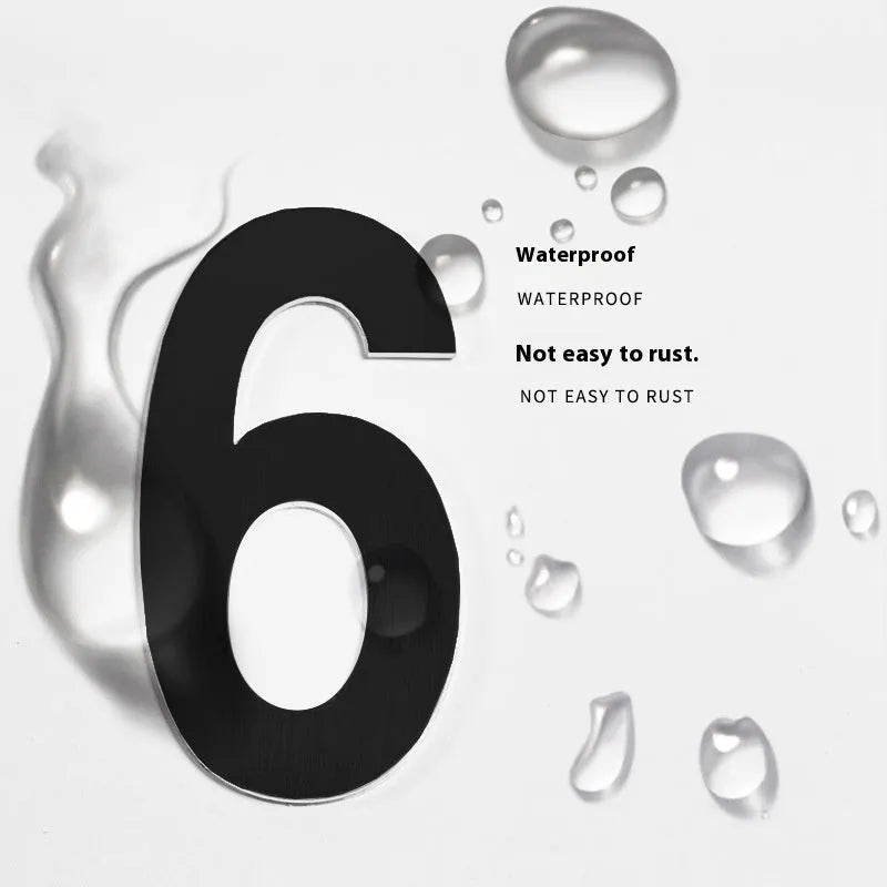 Black stainless steel self-adhesive house number characters showing letters A-F and numbers 0-9, 7.5cm tall.