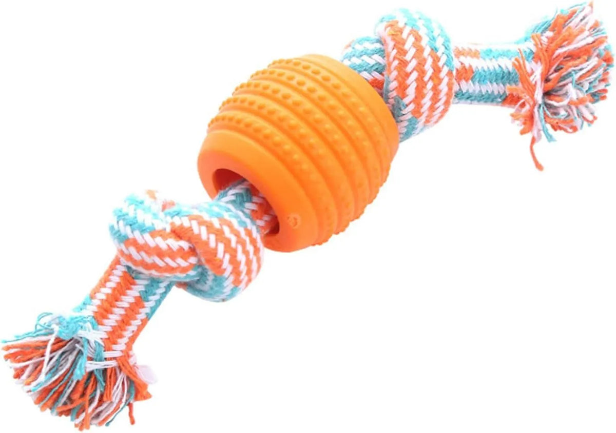 Blue dog chew toy with rope texture for cleaning teeth and oral health.