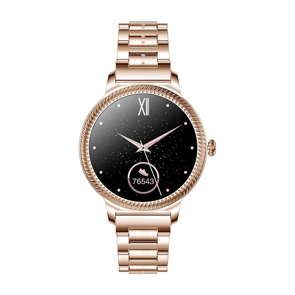 AK38 ladies smart watch with stainless steel wristband options and 1.09-inch TFT display