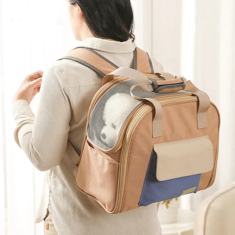Foldable pull-rod pet backpack in nylon, 50-60L capacity, medium hard shell, shown in grey, pink, or khaki