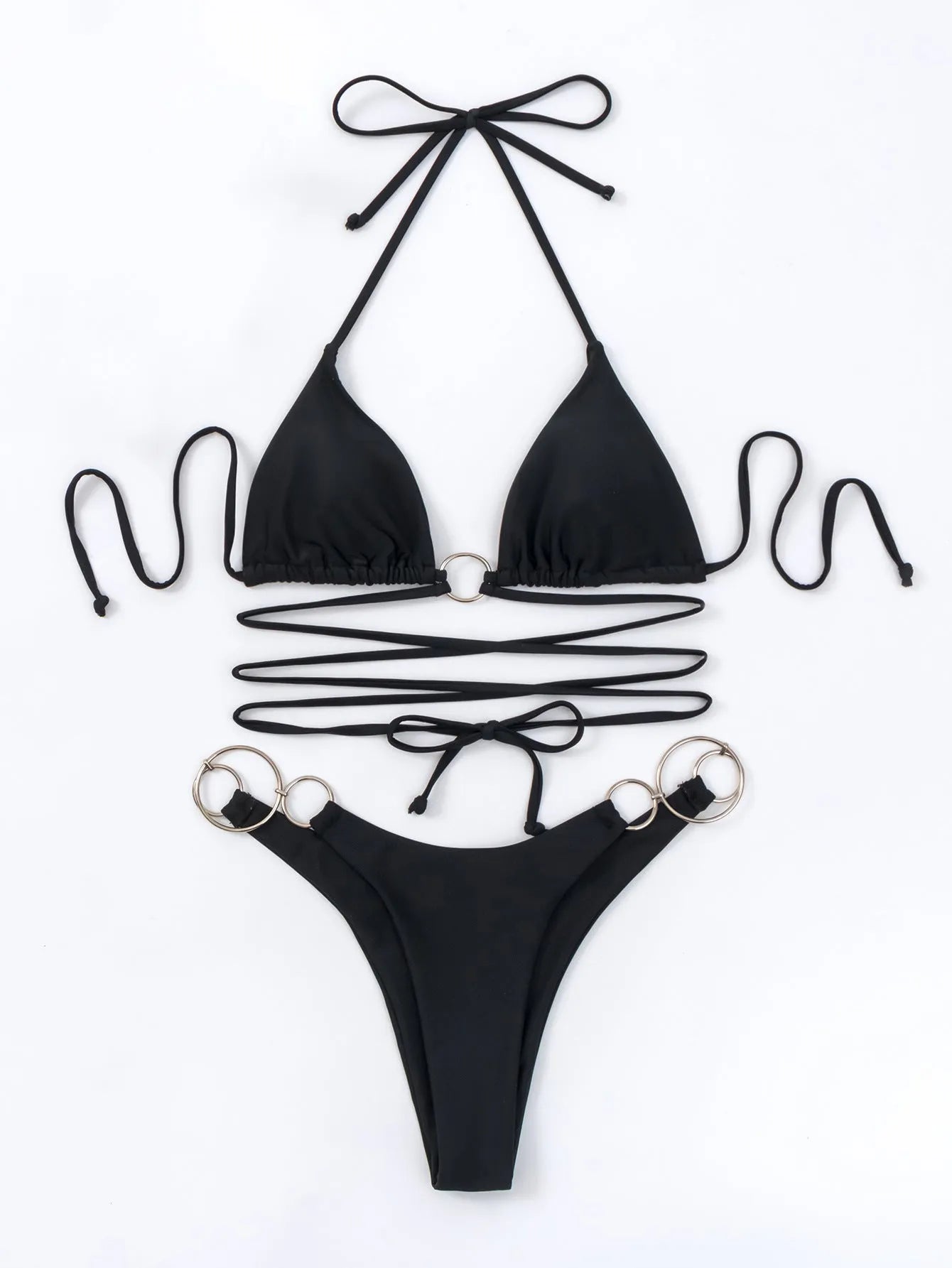 Black women's bikini swimsuit with metal ring straps and backless design for swimming and fitness