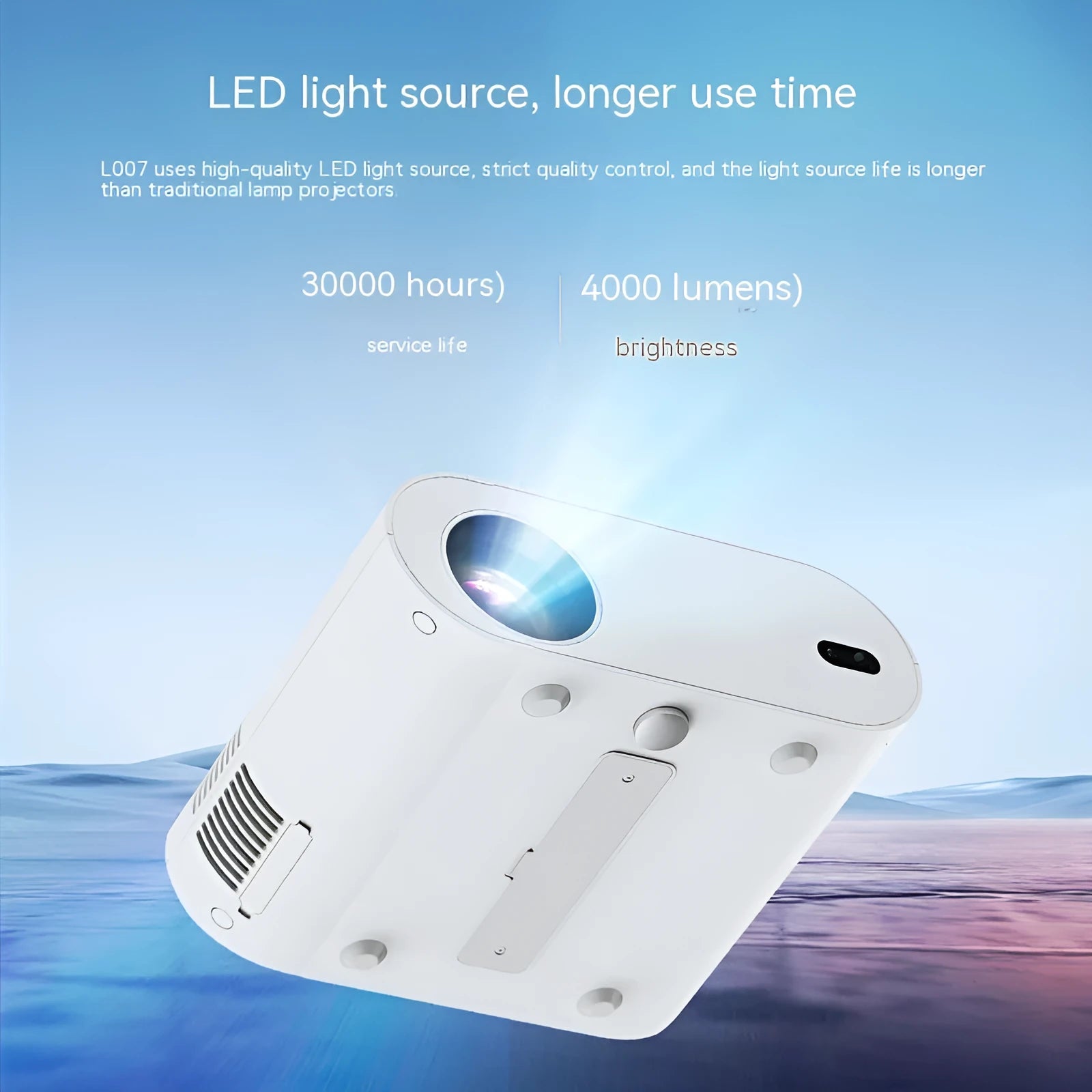 White Full HD smart projector with remote control on a table