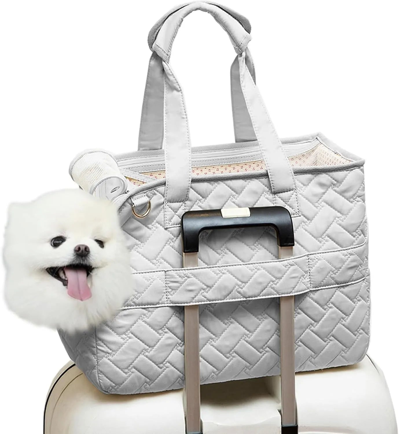 Grey pet carrier handbag with mesh panels and a safety cord, shown next to a white version.