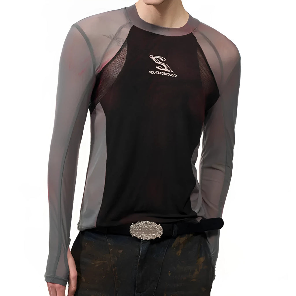 Tight mesh stitching long sleeve top with round neck in picture colour, available in sizes M to XXL