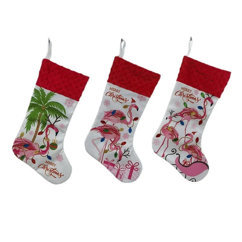 Red cloth Christmas stocking with white cuff hanging on a mantelpiece.