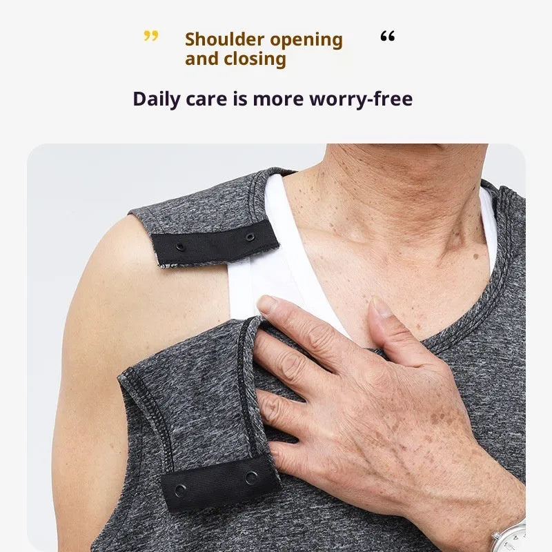 Cotton snap-button long-sleeve vest for post-operative arm fracture care, shown in black, grey, blue and multi-black colour options