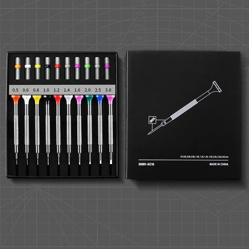 10-piece watch repair screwdriver set with multiple handles and 20 spare drill bits