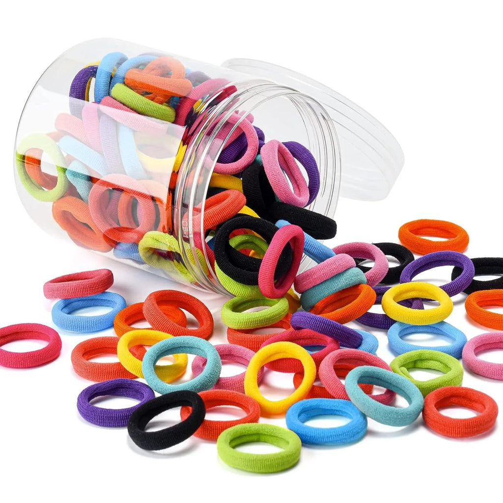 100 multicolour seamless cotton baby hair ties in small jar packaging for toddler hairstyling