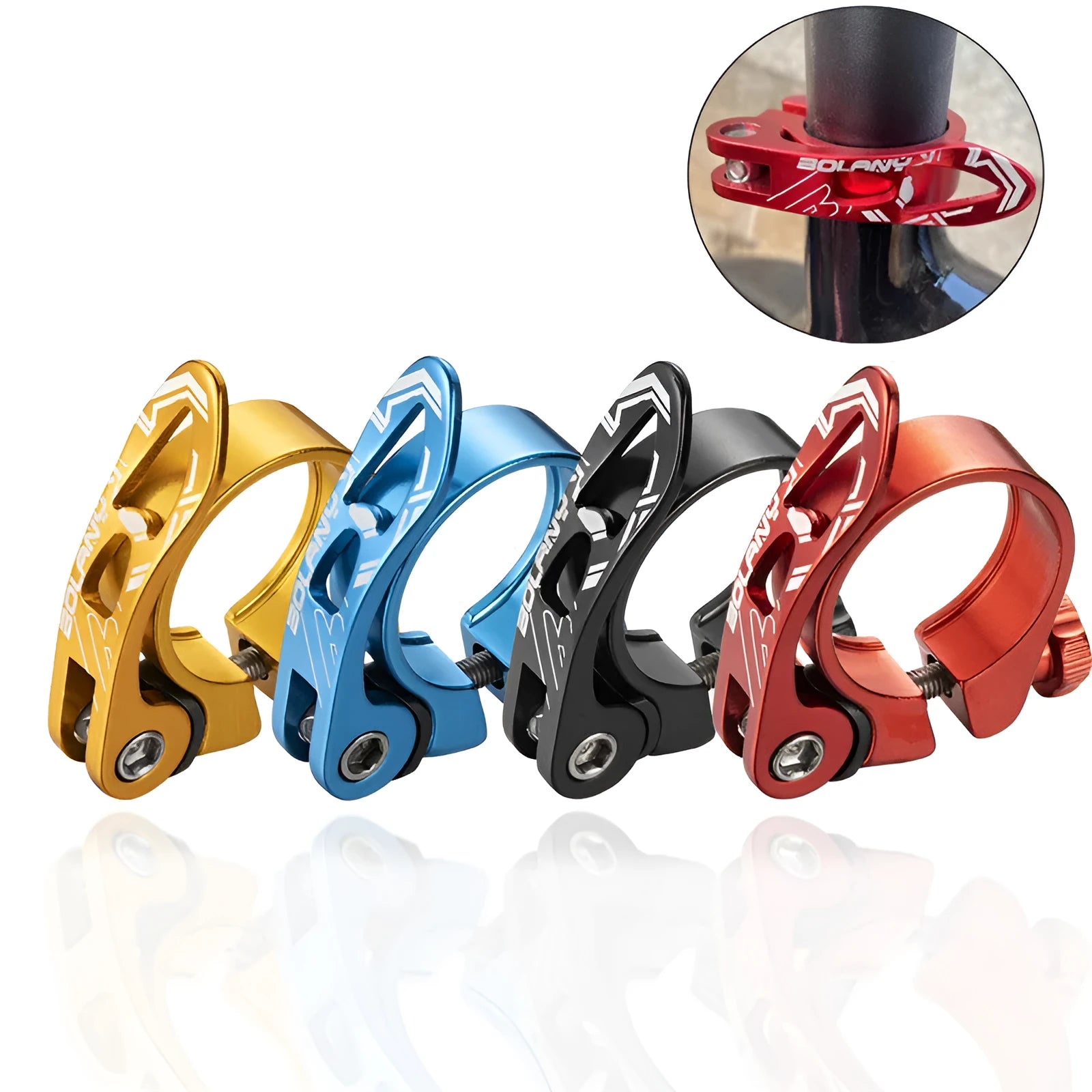 Aluminium mountain bicycle seat post clamp in black, blue, gold, or red, showing 31.8mm and 34.9mm size options.