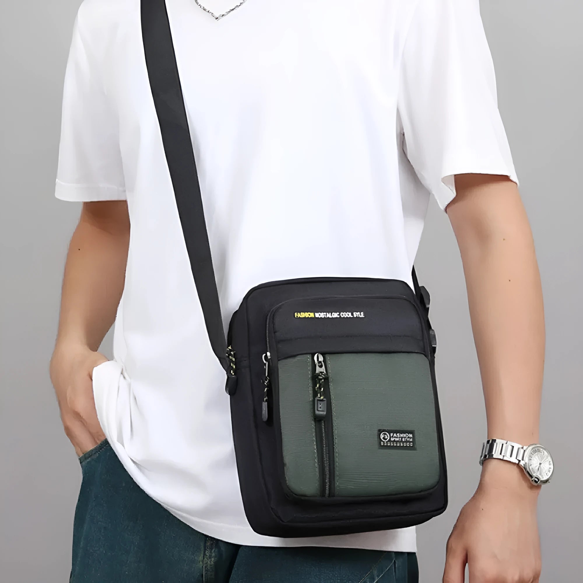 Men's casual nylon crossbody messenger bag showing sewing thread detail, available in black, blue, gray, or green.