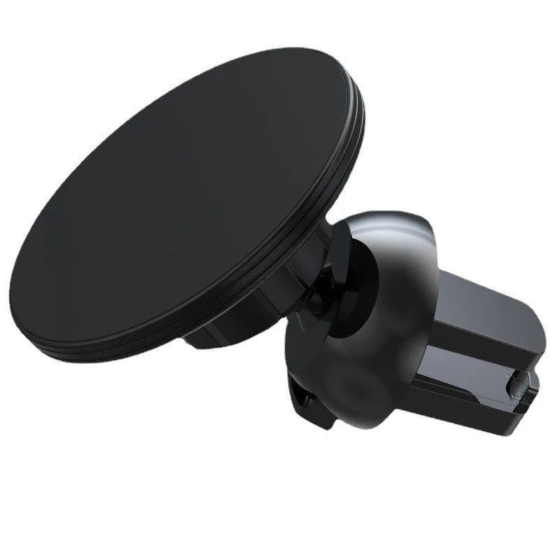 Black aluminium alloy magnetic car air vent phone holder mounted on a vehicle dashboard