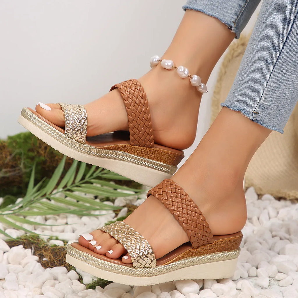 Women's gold plus size wedge sandals with a 5cm heel and rubber sole on a white background