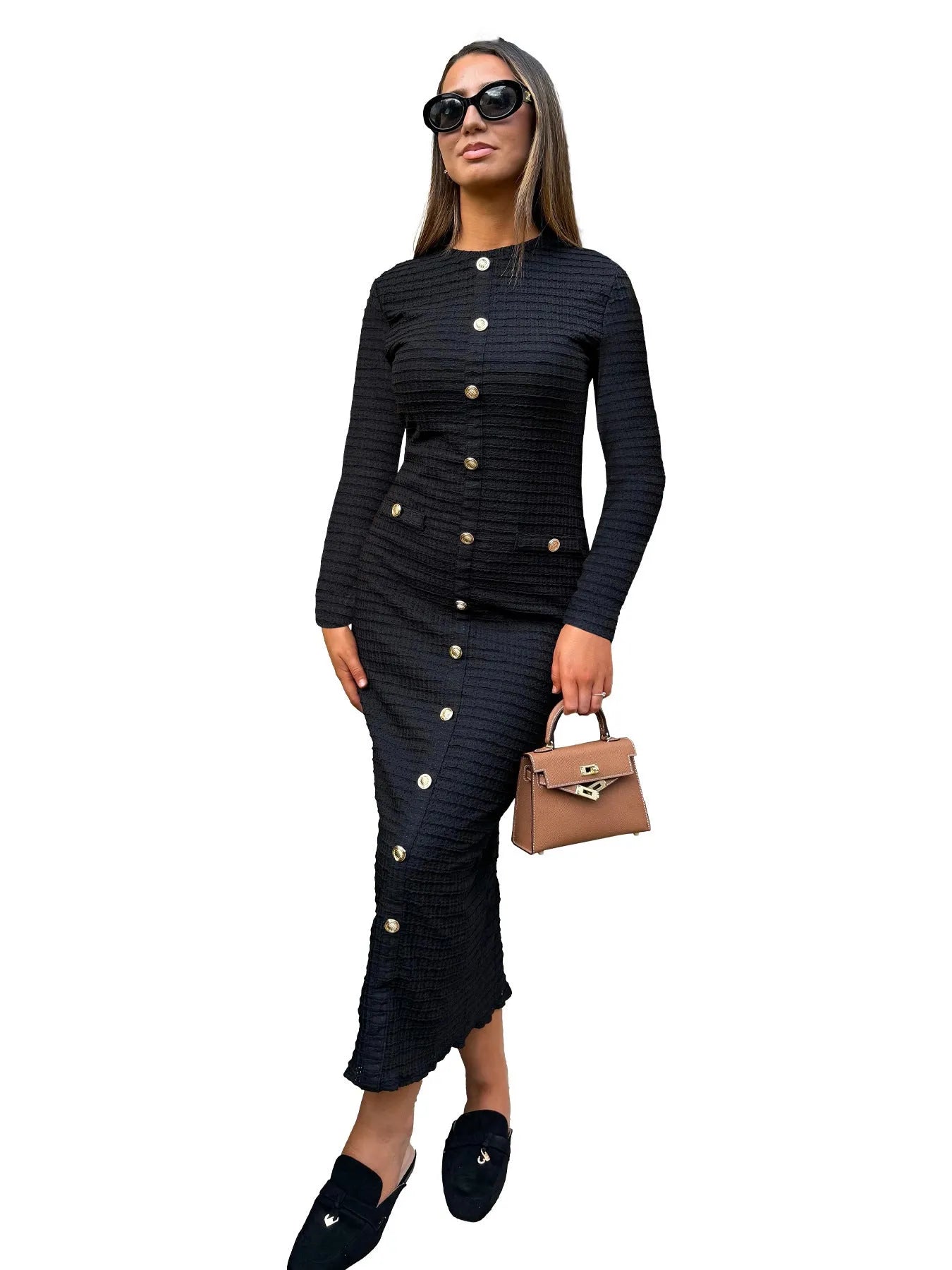 French retro slim fit knitted long-sleeved dress in black with button detailing and one-step skirt