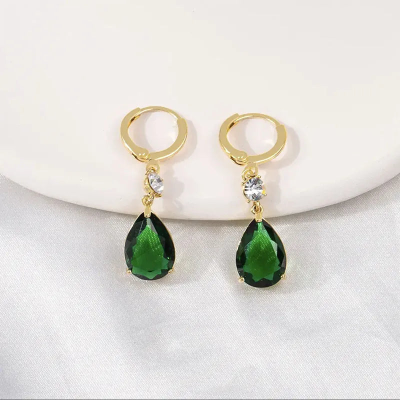 Green geometric teardrop alloy earrings with post back fittings