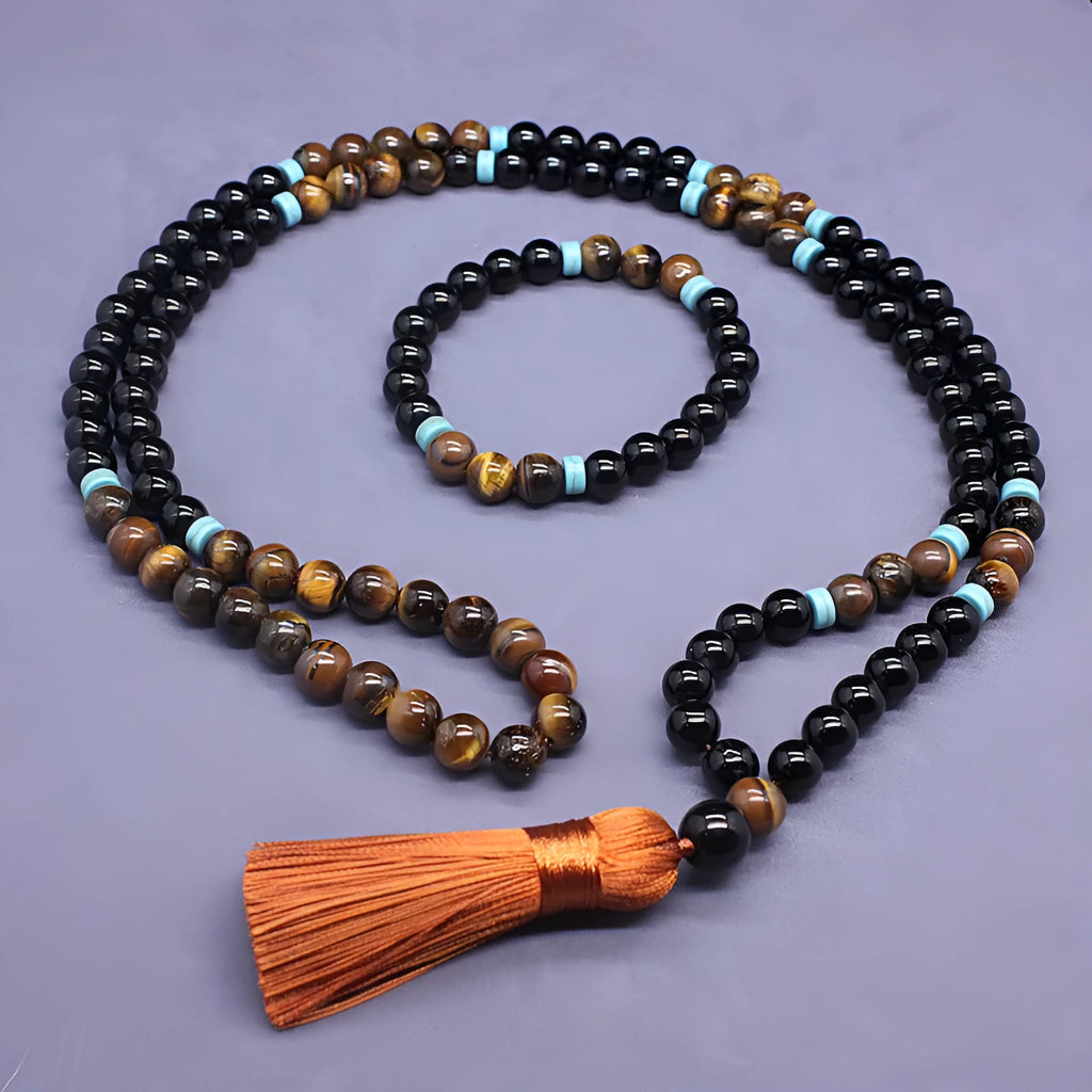 Natural black agate bracelet and tiger-eye stone necklace set with geometric design