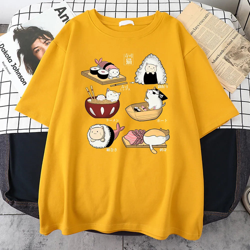 Men's grey Cat Sushi cartoon graphic printed on a loose-fit cotton short-sleeve T-shirt.